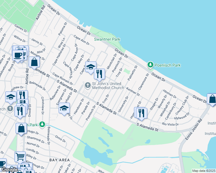 map of restaurants, bars, coffee shops, grocery stores, and more near 417 Poenisch Drive in Corpus Christi
