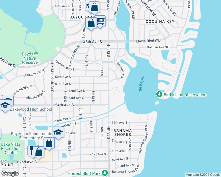 map of restaurants, bars, coffee shops, grocery stores, and more near 100 Banyan Bay Drive in St. Petersburg