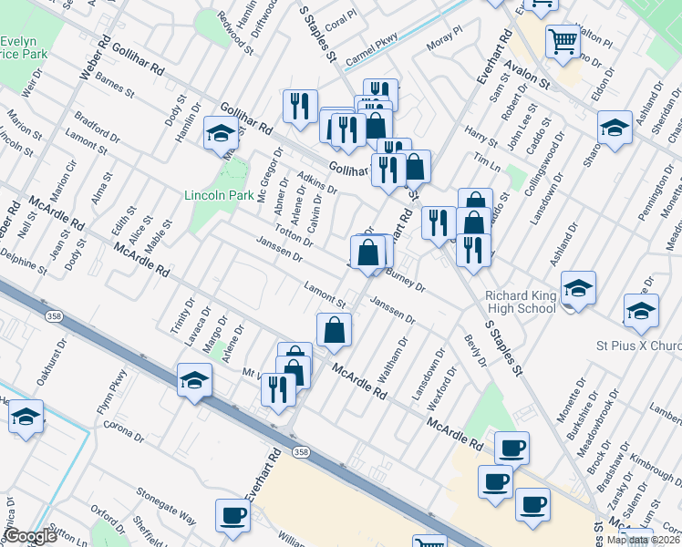 map of restaurants, bars, coffee shops, grocery stores, and more near 4650 Janssen Drive in Corpus Christi