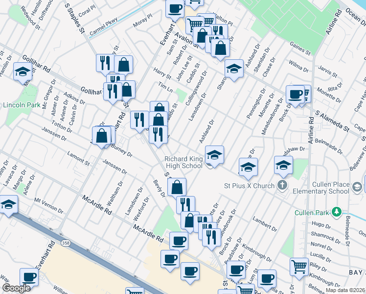 map of restaurants, bars, coffee shops, grocery stores, and more near 781 Sharon Drive in Corpus Christi