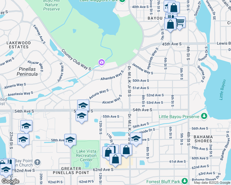 map of restaurants, bars, coffee shops, grocery stores, and more near 5120 Aragon Way South in St. Petersburg