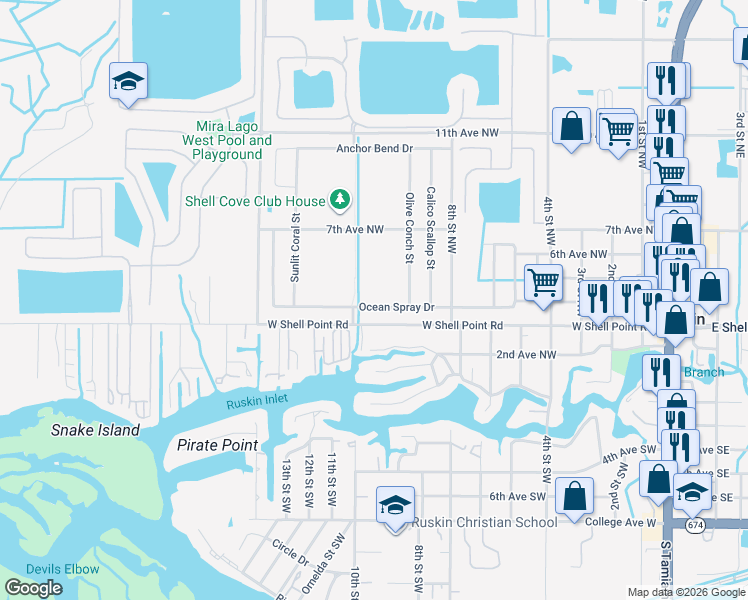 map of restaurants, bars, coffee shops, grocery stores, and more near 1027 Ocean Spray Drive in Ruskin