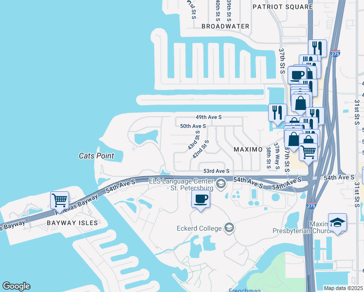 map of restaurants, bars, coffee shops, grocery stores, and more near 4322 50th Place South in St. Petersburg