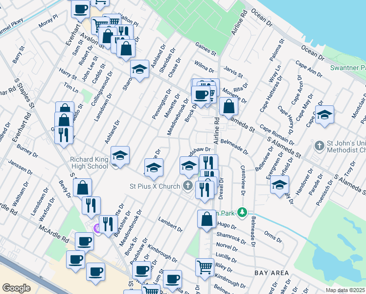 map of restaurants, bars, coffee shops, grocery stores, and more near 709 Brock Drive in Corpus Christi