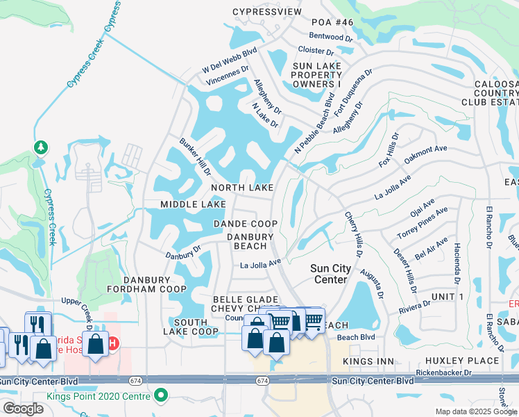 map of restaurants, bars, coffee shops, grocery stores, and more near 1507 Hartwick Drive in Sun City Center