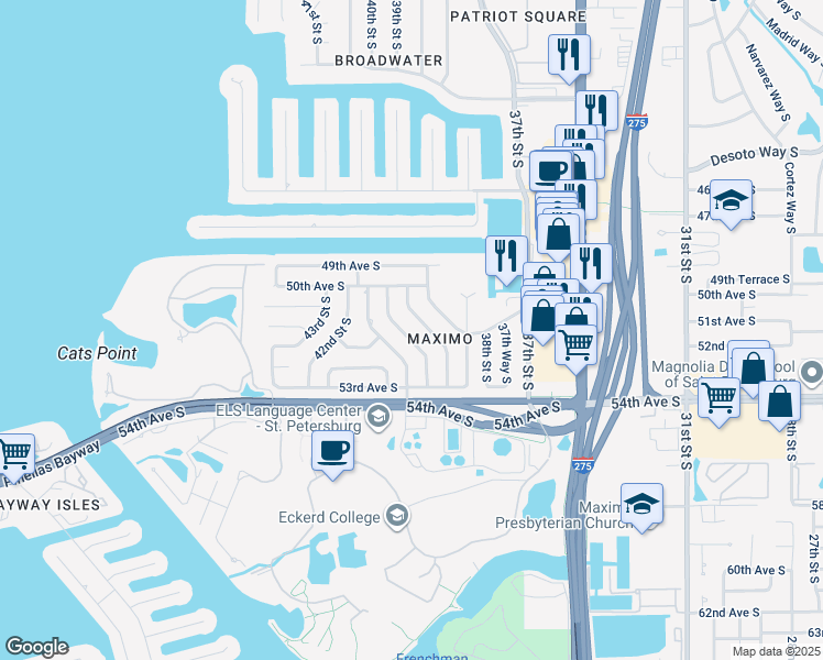 map of restaurants, bars, coffee shops, grocery stores, and more near 5144 40th Street South in St. Petersburg