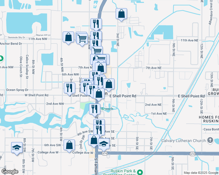 map of restaurants, bars, coffee shops, grocery stores, and more near 319 1st Street Northeast in Ruskin