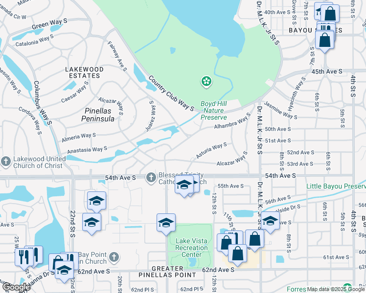 map of restaurants, bars, coffee shops, grocery stores, and more near 1410 Alhambra Way South in St. Petersburg