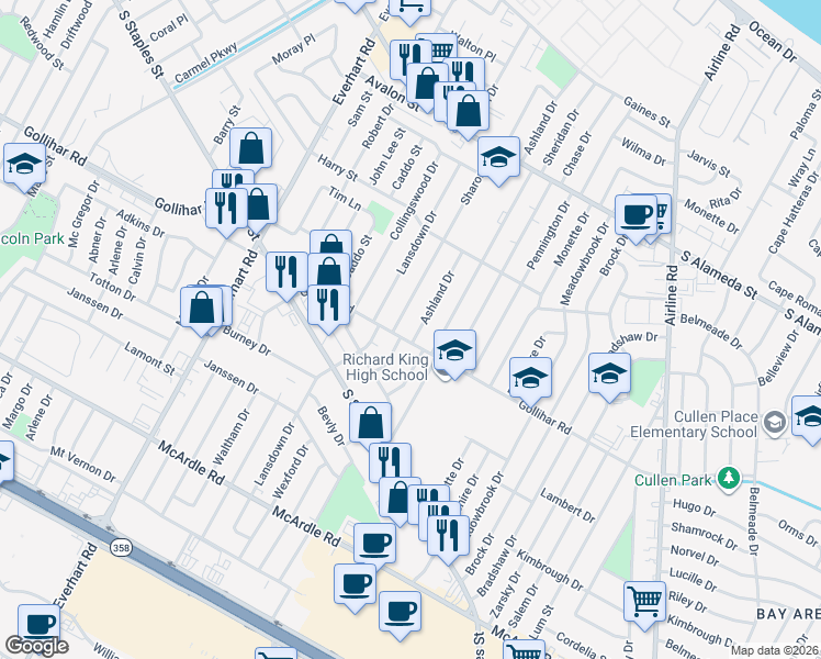 map of restaurants, bars, coffee shops, grocery stores, and more near 781 Sharon Drive in Corpus Christi