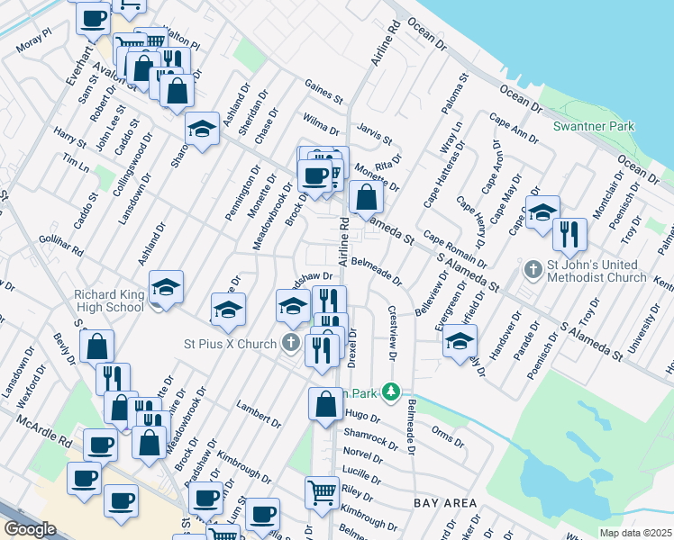 map of restaurants, bars, coffee shops, grocery stores, and more near 602 Bradshaw Drive in Corpus Christi