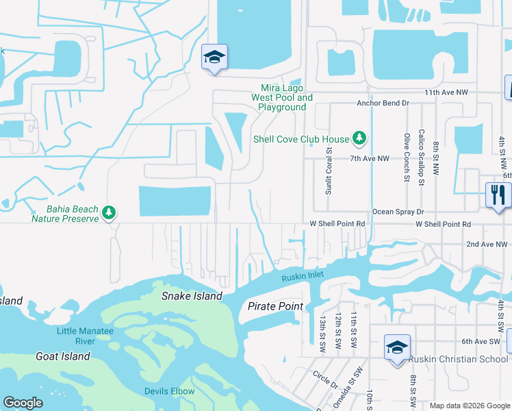 map of restaurants, bars, coffee shops, grocery stores, and more near 1603 West Shell Point Road in Ruskin