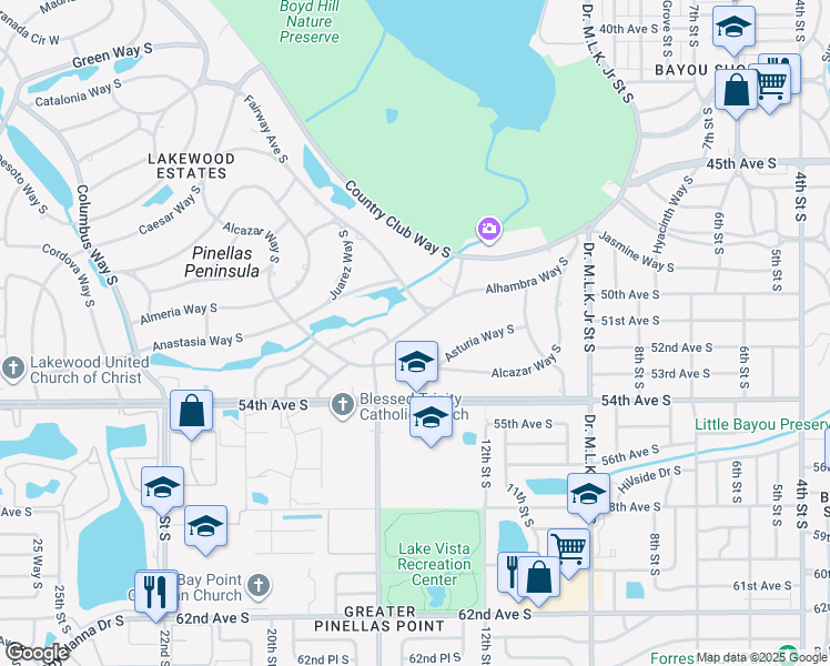 map of restaurants, bars, coffee shops, grocery stores, and more near 1410 Alhambra Way South in St. Petersburg