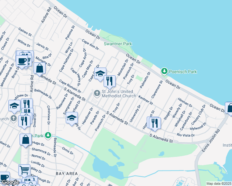 map of restaurants, bars, coffee shops, grocery stores, and more near 418 Poenisch Drive in Corpus Christi
