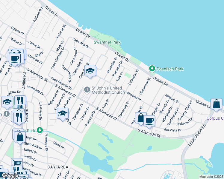 map of restaurants, bars, coffee shops, grocery stores, and more near 410 Troy Drive in Corpus Christi