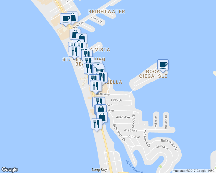 map of restaurants, bars, coffee shops, grocery stores, and more near 4619 Mirabella Court in St. Pete Beach