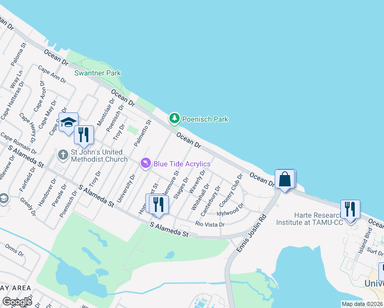 map of restaurants, bars, coffee shops, grocery stores, and more near 233 Glenmore Street in Corpus Christi