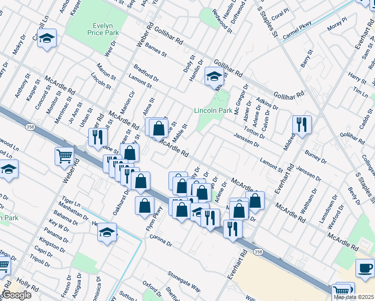map of restaurants, bars, coffee shops, grocery stores, and more near in Corpus Christi
