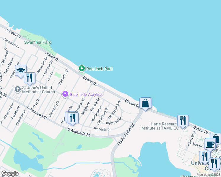 map of restaurants, bars, coffee shops, grocery stores, and more near 5810 Ocean Drive in Corpus Christi