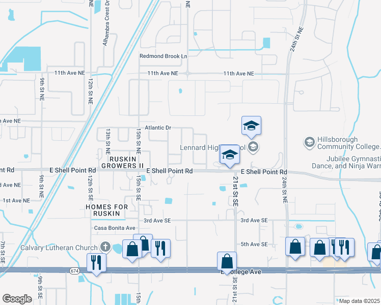 map of restaurants, bars, coffee shops, grocery stores, and more near 1844 Atlantic Drive in Ruskin