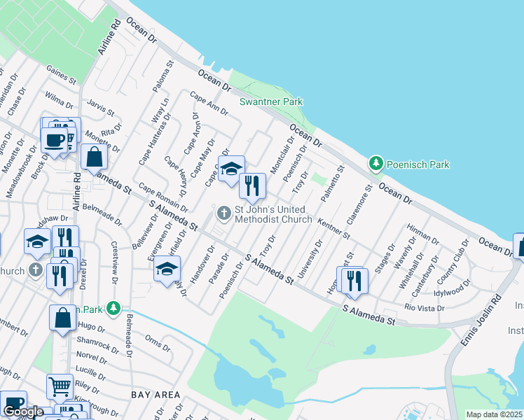 map of restaurants, bars, coffee shops, grocery stores, and more near 417 Poenisch Drive in Corpus Christi