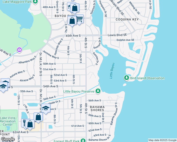 map of restaurants, bars, coffee shops, grocery stores, and more near 100 Banyan Bay Drive in St. Petersburg