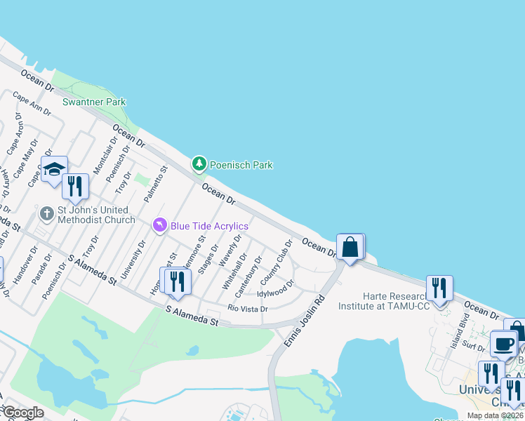 map of restaurants, bars, coffee shops, grocery stores, and more near 5810 Ocean Drive in Corpus Christi