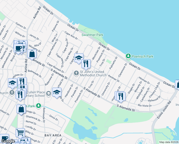 map of restaurants, bars, coffee shops, grocery stores, and more near 417 Poenisch Drive in Corpus Christi