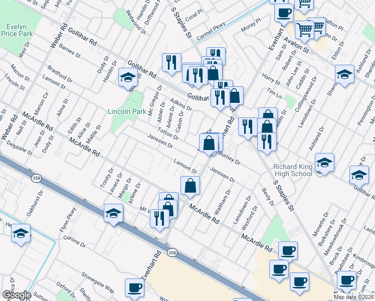map of restaurants, bars, coffee shops, grocery stores, and more near 4650 Janssen Drive in Corpus Christi