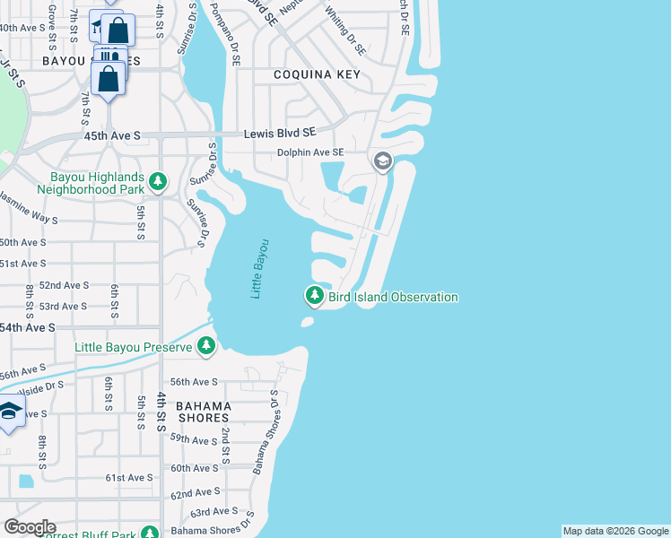 map of restaurants, bars, coffee shops, grocery stores, and more near 5141 Salmon Drive Southeast in St. Petersburg