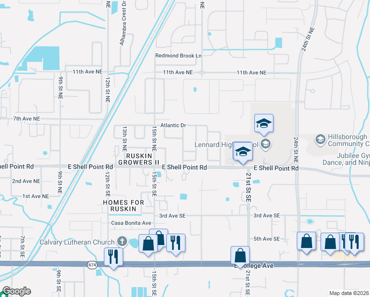 map of restaurants, bars, coffee shops, grocery stores, and more near 1701 Chalksand Way in Ruskin