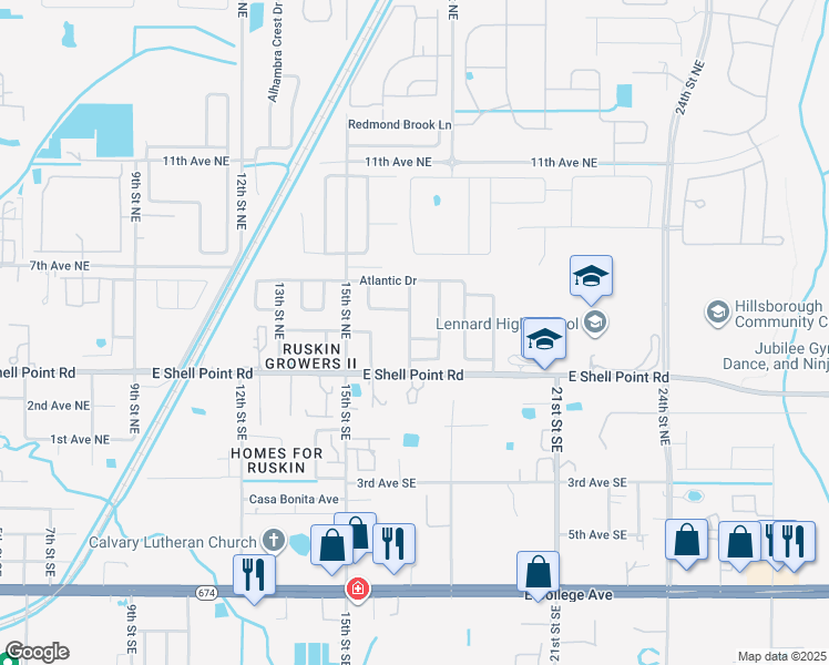 map of restaurants, bars, coffee shops, grocery stores, and more near 1701 Chalksand Way in Ruskin