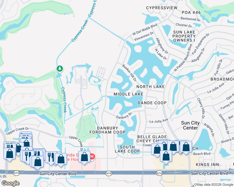 map of restaurants, bars, coffee shops, grocery stores, and more near 1802 Burlington Circle in Sun City Center