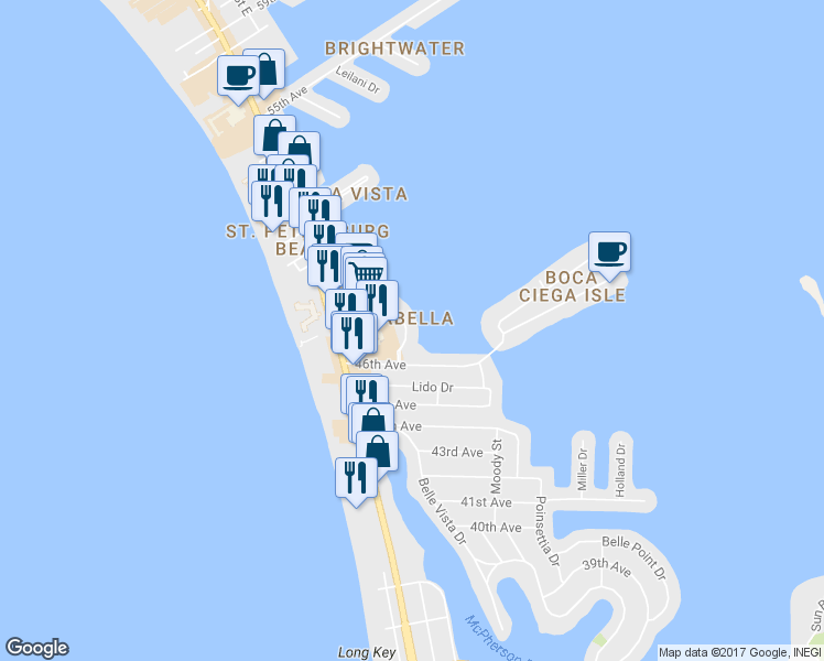 map of restaurants, bars, coffee shops, grocery stores, and more near 4629 Mirabella Court in St. Pete Beach