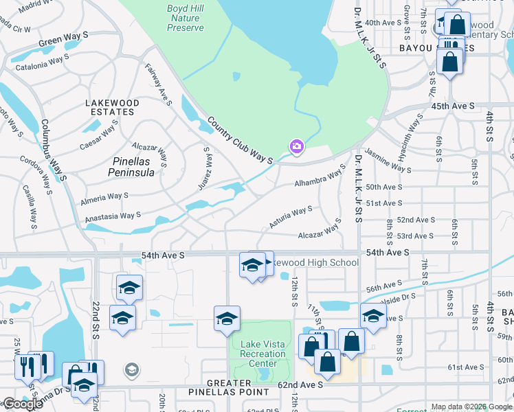 map of restaurants, bars, coffee shops, grocery stores, and more near 1410 Alhambra Way South in St. Petersburg