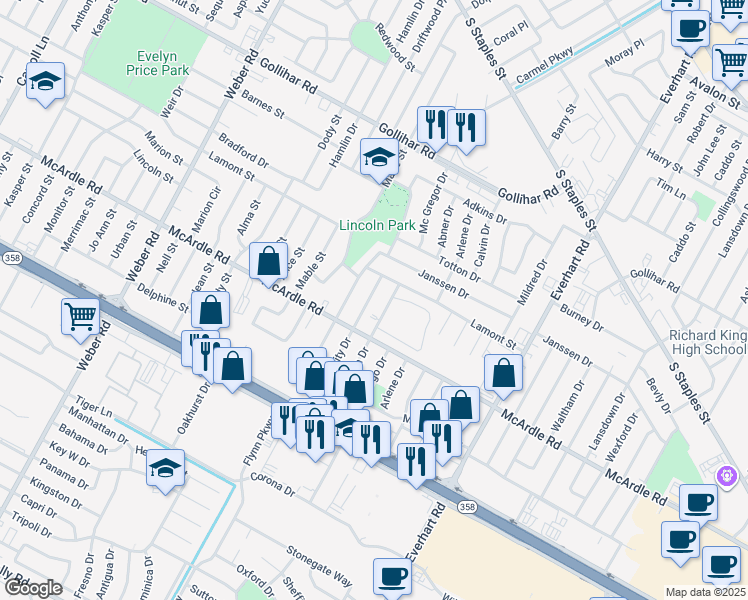 map of restaurants, bars, coffee shops, grocery stores, and more near 4830 Trinity Drive in Corpus Christi