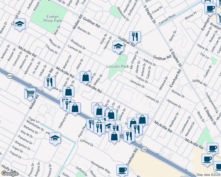 map of restaurants, bars, coffee shops, grocery stores, and more near in Corpus Christi