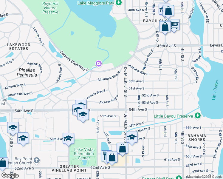 map of restaurants, bars, coffee shops, grocery stores, and more near 5120 Aragon Way South in St. Petersburg