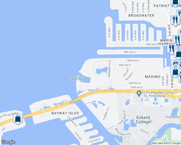 map of restaurants, bars, coffee shops, grocery stores, and more near 4780 Dolphin Cay Lane in St. Petersburg