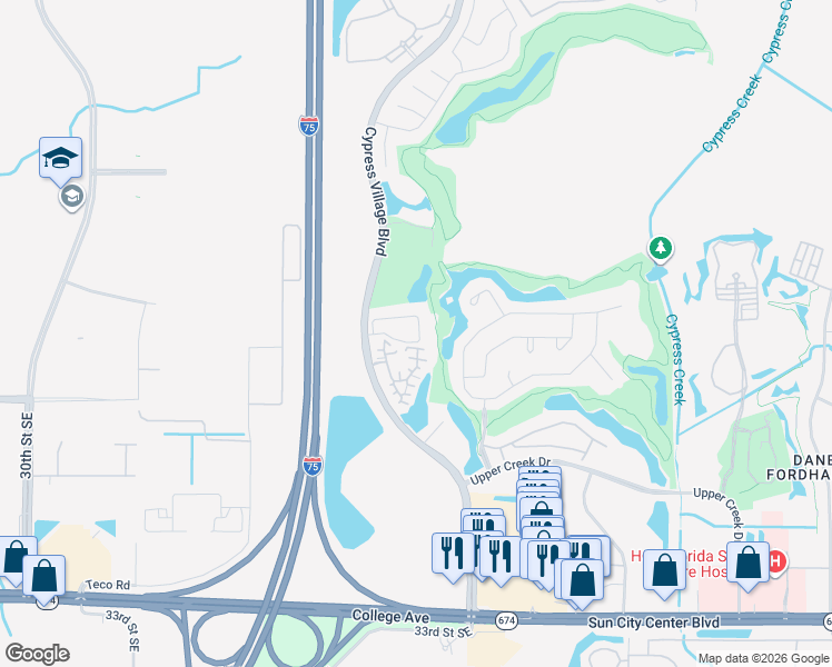 map of restaurants, bars, coffee shops, grocery stores, and more near 3694 Nandina Circle in Sun City Center