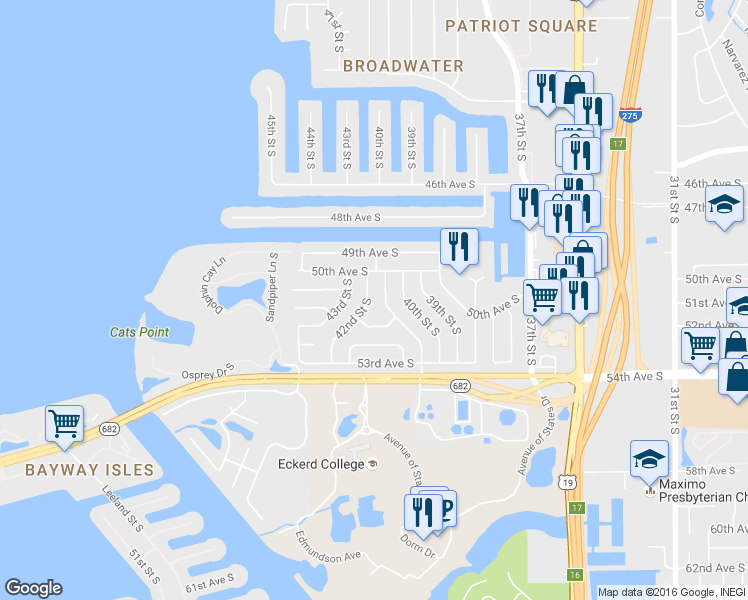 map of restaurants, bars, coffee shops, grocery stores, and more near 5095 41st Street South in St. Petersburg