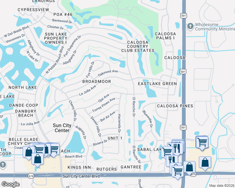 map of restaurants, bars, coffee shops, grocery stores, and more near 704 Ojai Avenue in Sun City Center