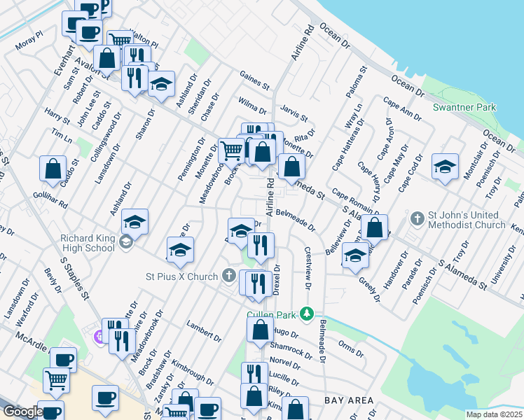 map of restaurants, bars, coffee shops, grocery stores, and more near 602 Bradshaw Drive in Corpus Christi