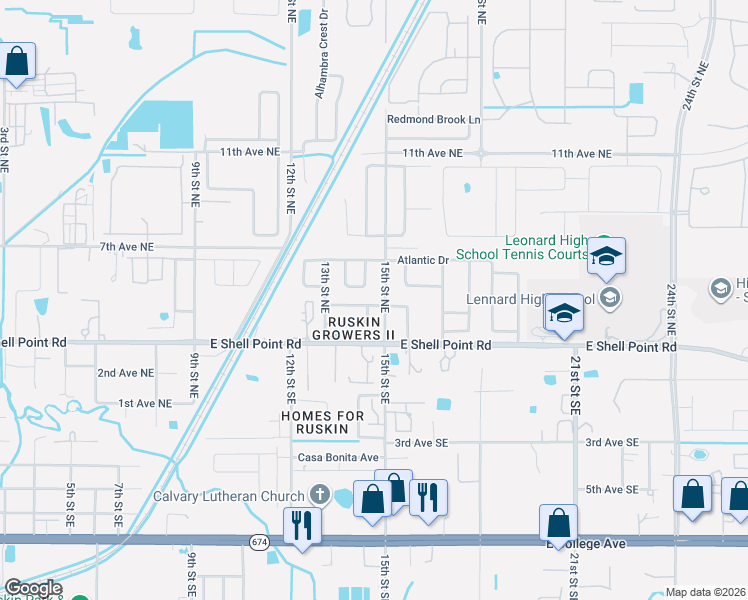 map of restaurants, bars, coffee shops, grocery stores, and more near 1402 4th Avenue Northeast in Ruskin