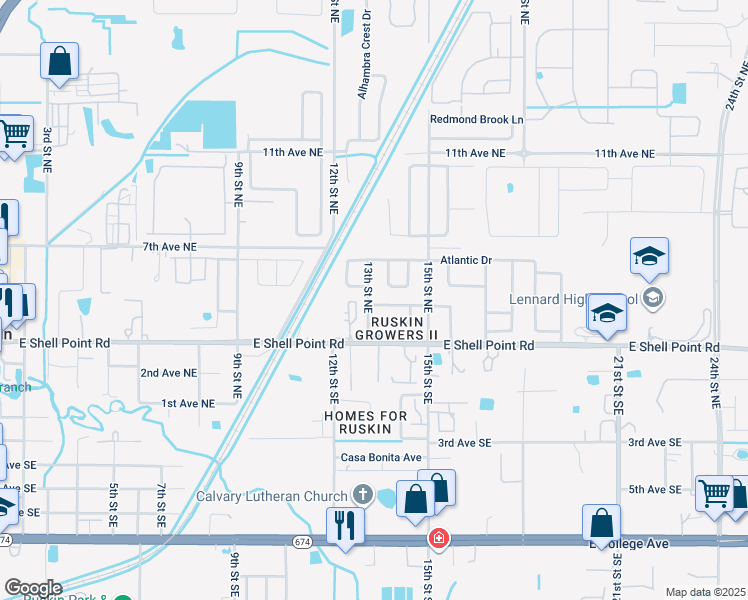 map of restaurants, bars, coffee shops, grocery stores, and more near 308 13th Street Southeast in Ruskin
