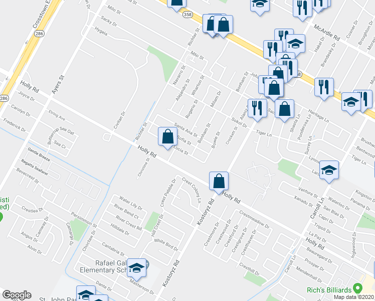 map of restaurants, bars, coffee shops, grocery stores, and more near 3038 Santa Lucia Street in Corpus Christi