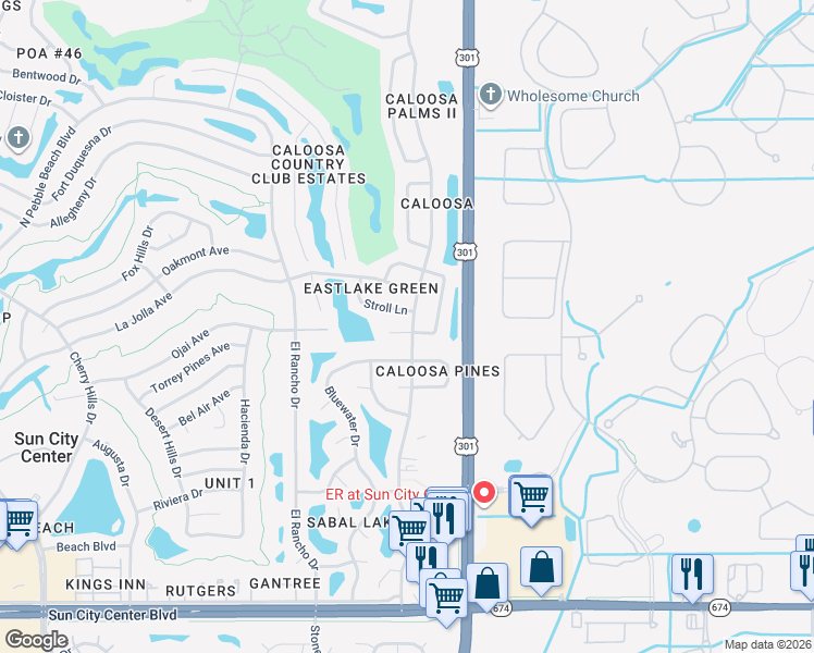 map of restaurants, bars, coffee shops, grocery stores, and more near 301 Bryce Court in Sun City Center