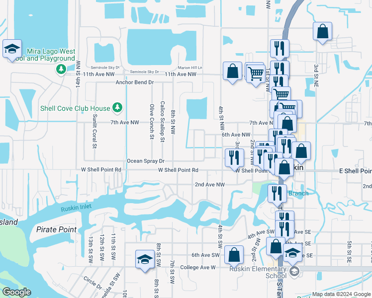 map of restaurants, bars, coffee shops, grocery stores, and more near 807 Fern Leaf Drive in Ruskin