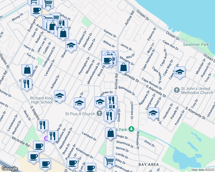 map of restaurants, bars, coffee shops, grocery stores, and more near 625 Philomena Drive in Corpus Christi