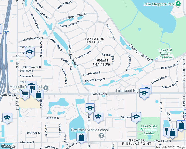 map of restaurants, bars, coffee shops, grocery stores, and more near 2124 Almeria Way South in St. Petersburg