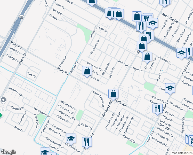 map of restaurants, bars, coffee shops, grocery stores, and more near 3034 Santa Lucia Street in Corpus Christi
